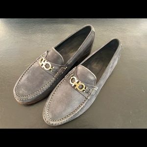 Ferragamo Blue Suede Loafers with Brass Buckle